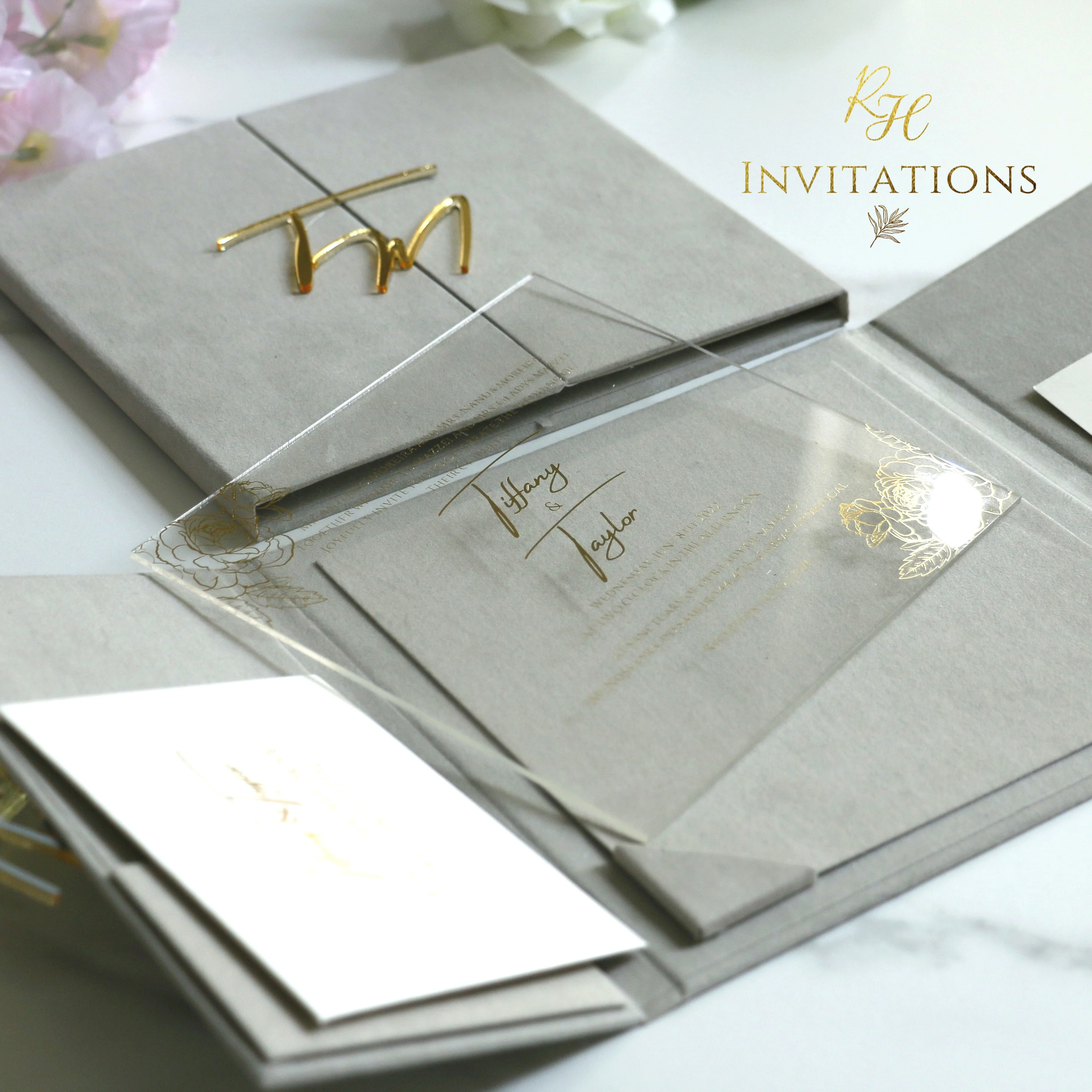 Elegant grey open suede paper crafts wedding invitation with Transparent  acrylic for wedding cards