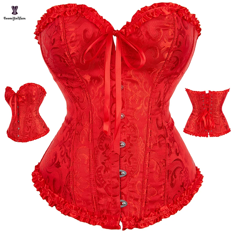 Vintage Jacquard Lace Up Red Christmas Lingerie Corset Top With Busk &Zipper Adjustable Lacing Ribbon Sexy Corselet For Wome