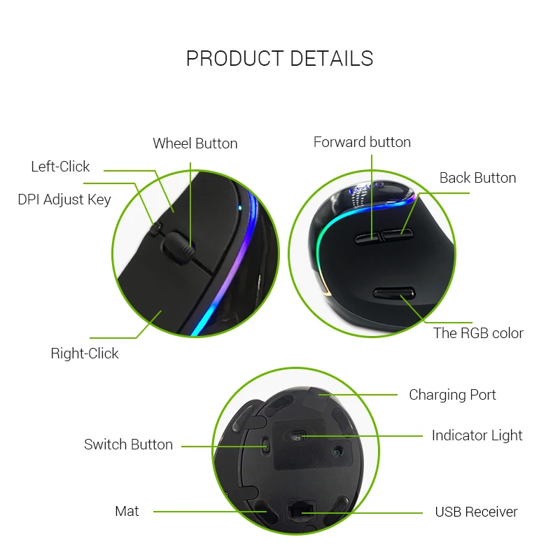  2 4G беспроводной правшей мышь RGB Вертикальная Эргономичная для игрового ноутбука настольного компьютера