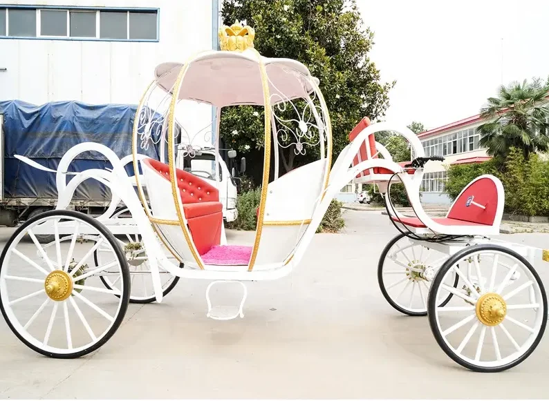 Red leather seat electric cinderella pumpkin horse carriage royal horse cart 4-wheel horse donkey cart  with crown