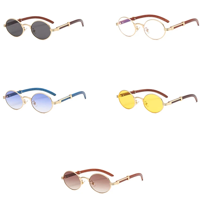 retro style metal sunglasses women round male gold steampunk small frame oval glasses for men brown blue wood pattern uv400