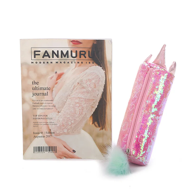 Student candy color sequin cartoon pencil case stationery storage bag laser plush pencil case wholesale