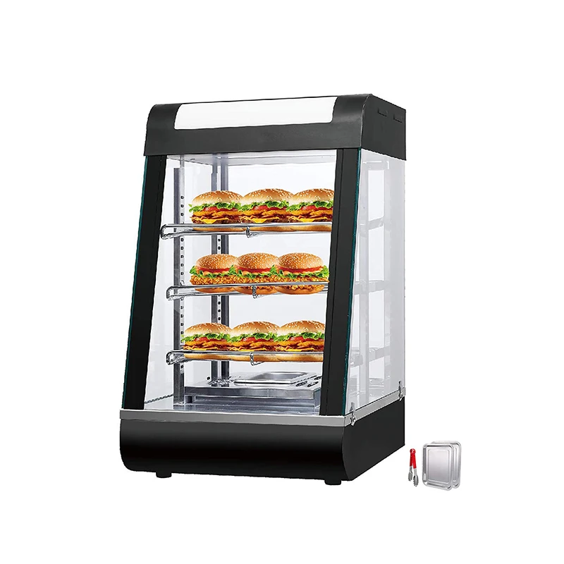 Electric food Warming Showcase Curved Glass Slide Doors 3 Shelves Hot Food Display Warmer Case