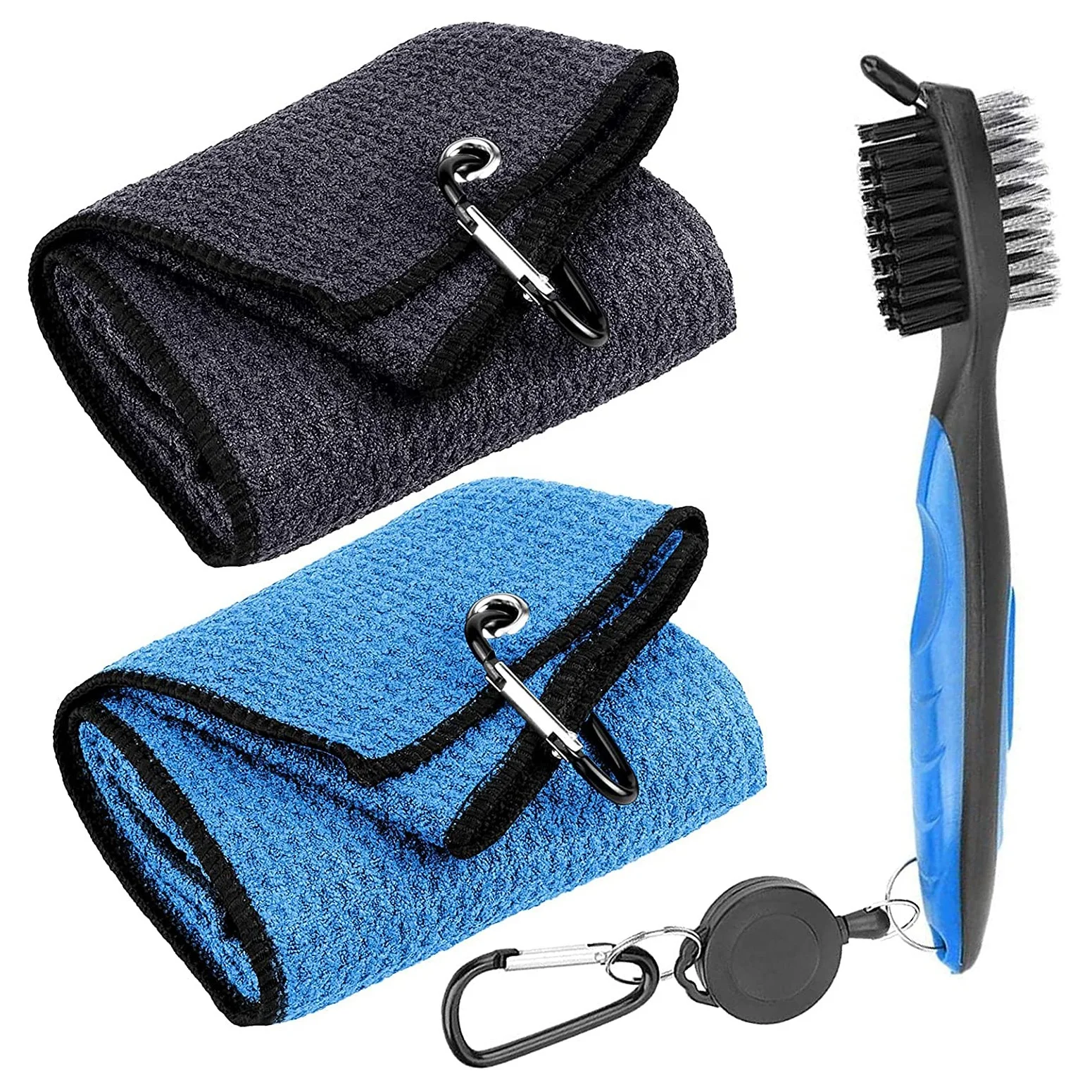 Golf Towel Clean Set| Microfiber Waffle Pattern Tri-fold Golf Towel  Brush Tool Kit with Club Cleaner Golf Accessories