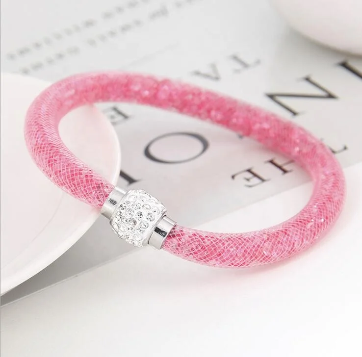 Fashion Magnetic Clasp Crystal Mesh Tube Bracelet Charm for Women