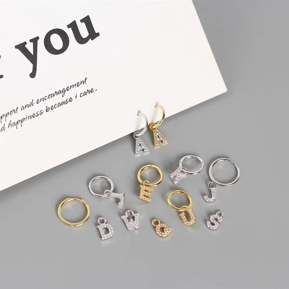 fashion earrings jewelry 925 sterling silver 26 alphabet letter earring with small zircon gold plated hoop earrings for women
