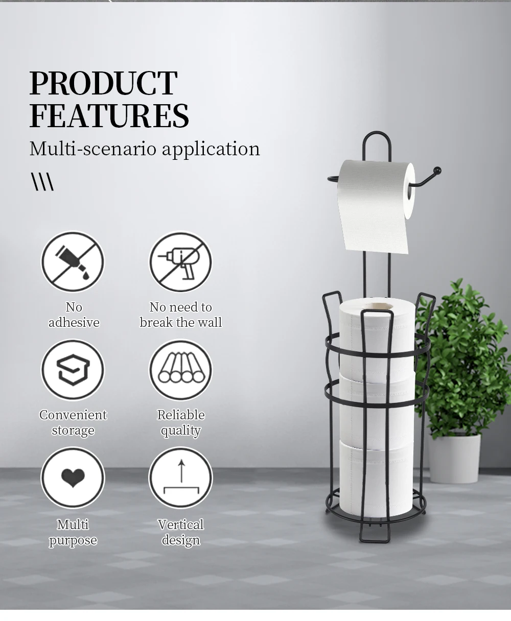 Good Price Bathroom Kitchen Hotel Black Metal Wire Holder Standing Toilet Tissue Paper Roll Holder With Handle