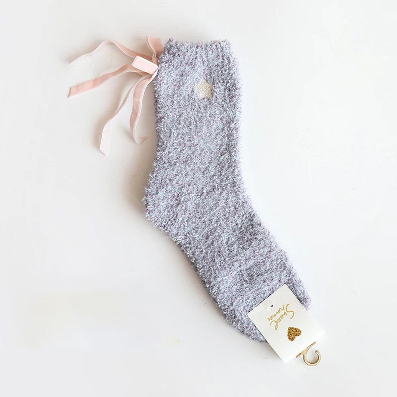 Winter Sweet Heart Embroidered Warm Thick Sleeping Soft Cozy Feather Yarn Floor Women Socks