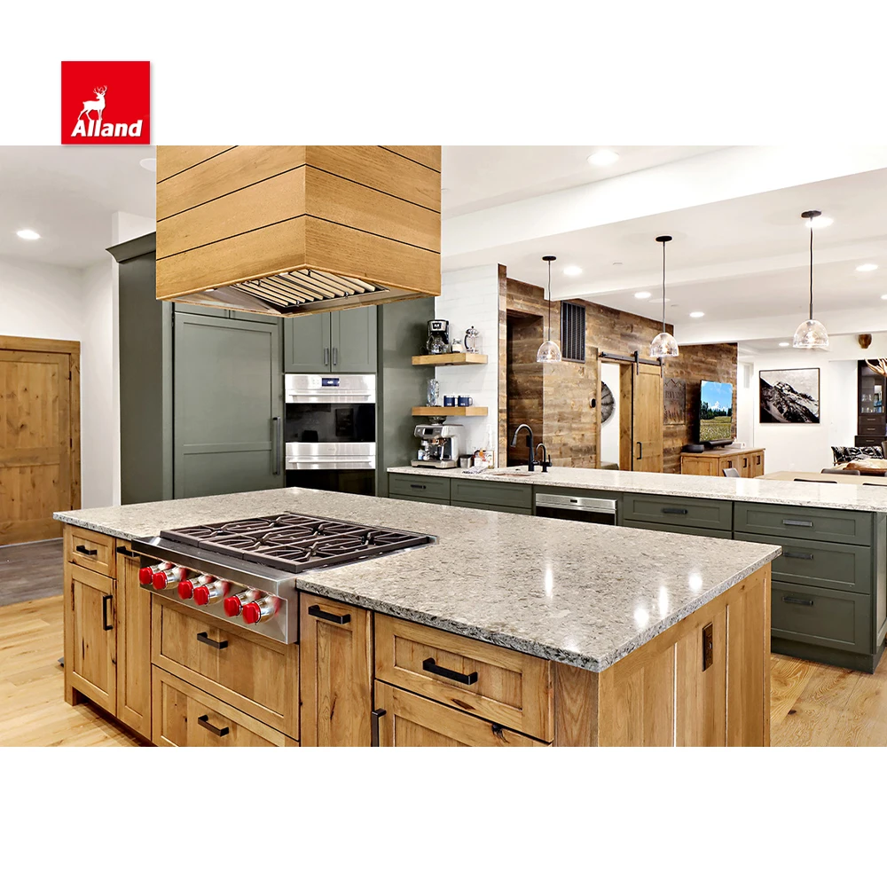 AllandCabinet Blue Painted and Brown Stained Oak Solid Wood U Shaped Shaker Style Kitchen Cabinet Two Tone with Island