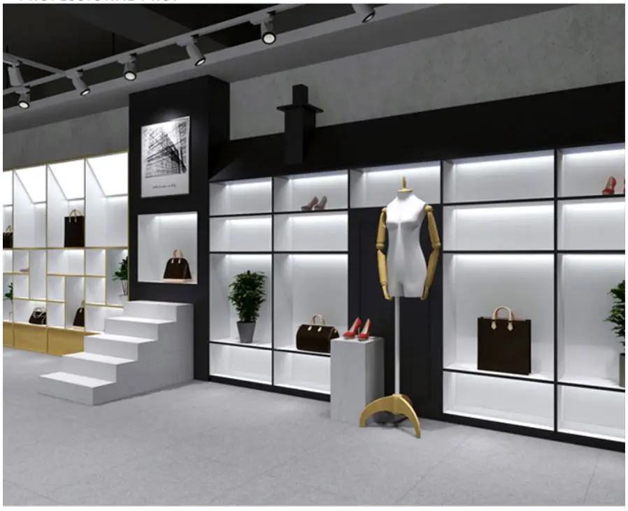 Магазин сумок Профессиональный розничный дизайн интерьера магазина обувного магазина дисплей Бесплатный коммерческий розничный дизайн обувного магазина