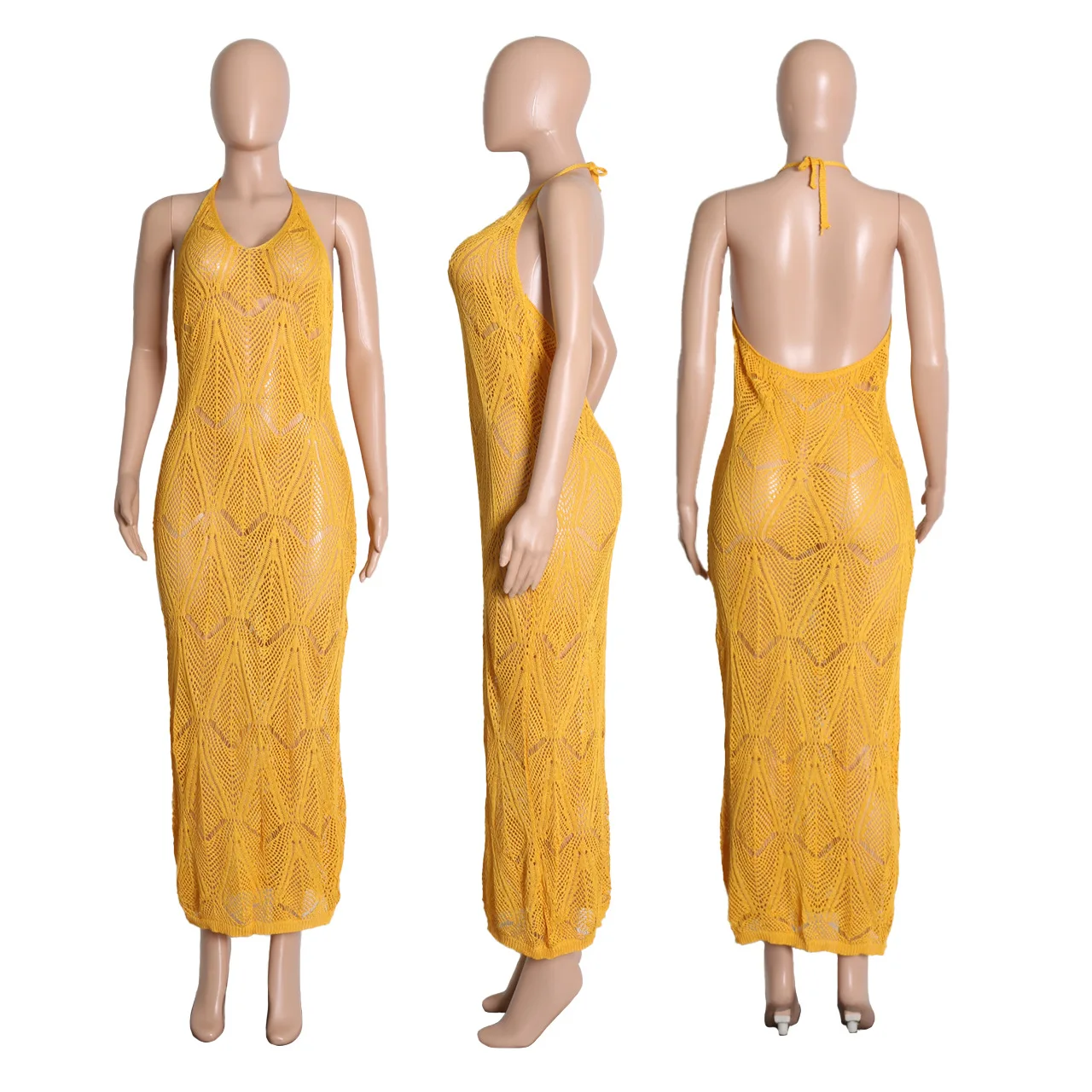 Women Summer Clothes 2022 Swimsuit Cover Up Beach Wear Holiday Hand Crochet Halter Backless Maxi Dress Ladies Beach Cover Up