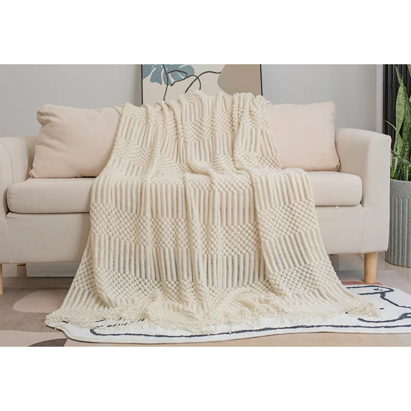 Cozy Chenille Knitted Plaid Throw Blanket Solid Color Sofa Cover Bed Towel Soft Hoodie Style for Sleep Nap Made Plush Material