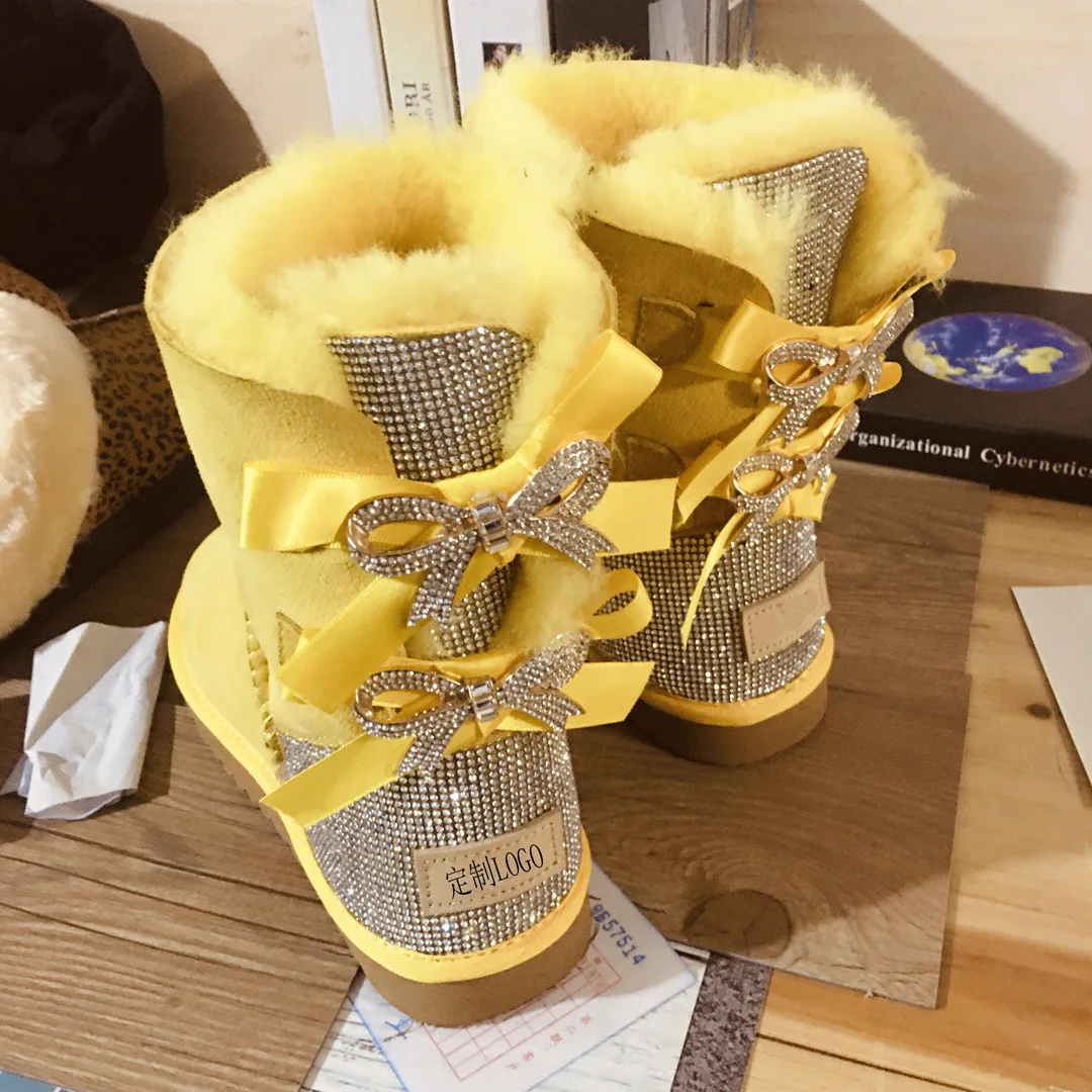 2022 New Arrival Stylish Bling Diamond Snow Fur Boots Leather Luxury Winter Flat Boots With Bow Rhinestone