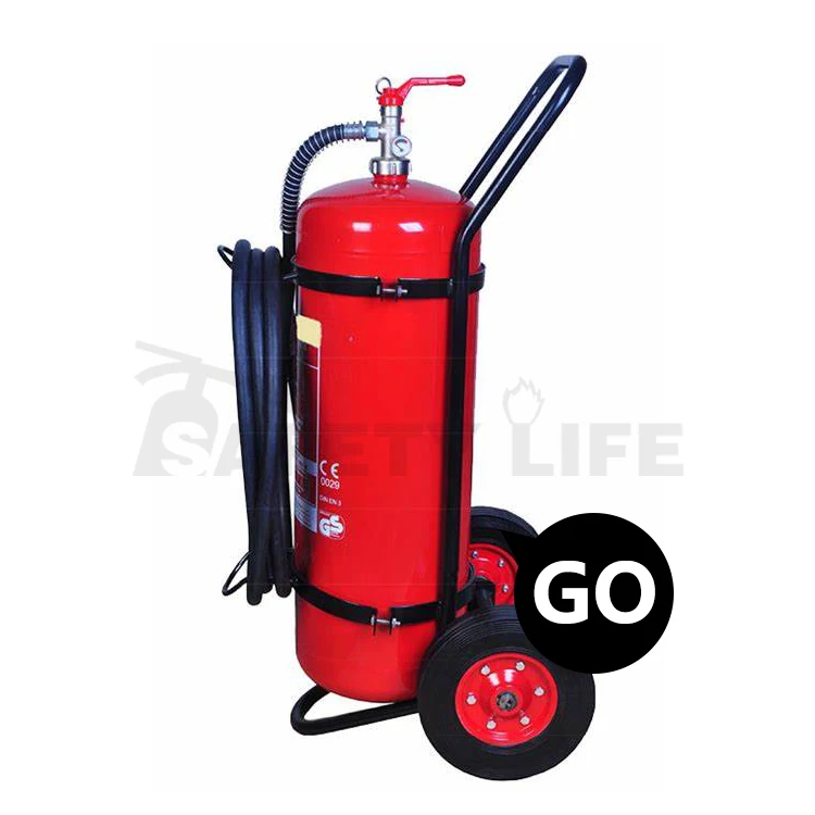Safety Life wheeled trolley carbon steel with chromed CE valve abc 50kg dry powder fire extinguisher