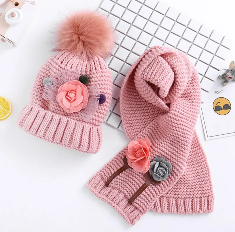 Baby Girls Knitted Hat Scarf Set Boys Kids Warm  Faux Fur Pom Crochet Skull Cap Beanie Hats