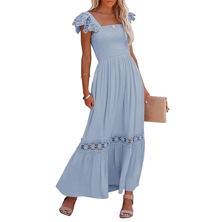Womens Summer Boho Lace Strap Short Sleeve Square Neck Ruffle A Line Flowy Beach Long Maxi Dress with Pockets