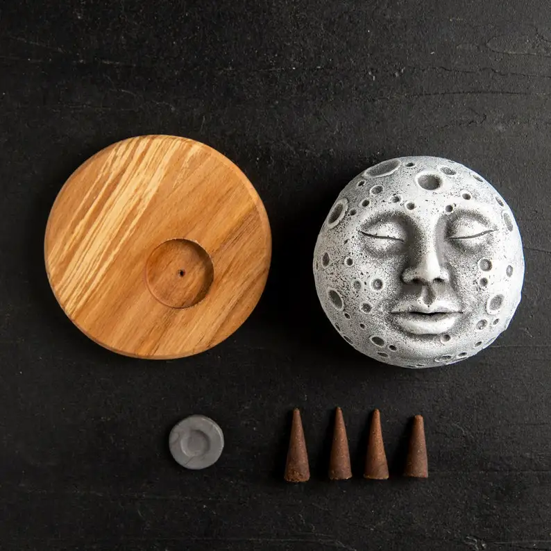 Moon Face Backflow Incense Burner  with Cube Handmade by Artist  Handmade Figure
