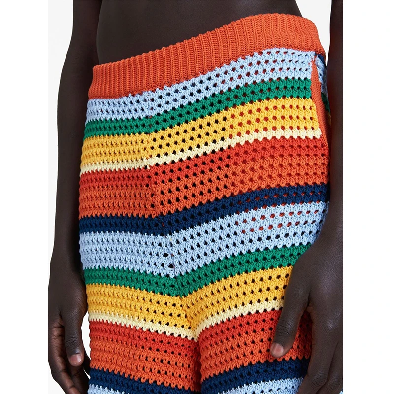 Custom OEM & ODM men Crocheted knitted  Shorts winter Knit Pants men knitwear Striped cotton Drawstring Hollow out knit Shorts