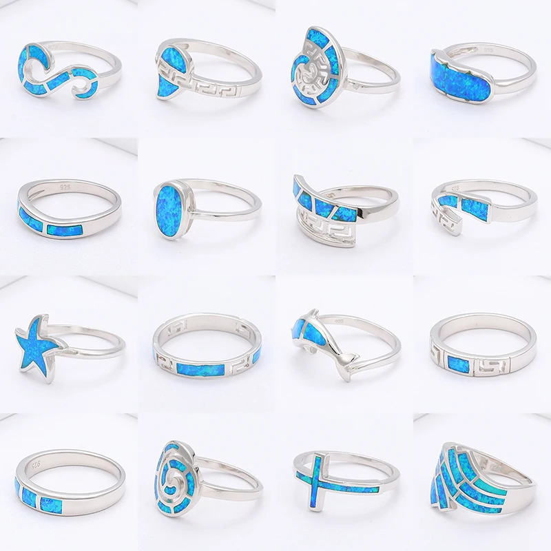 XYOP True 925 Sterling Silver Opal Ring Geometric Design Blue Synthetic Opal lucky Ring Fashion Trend