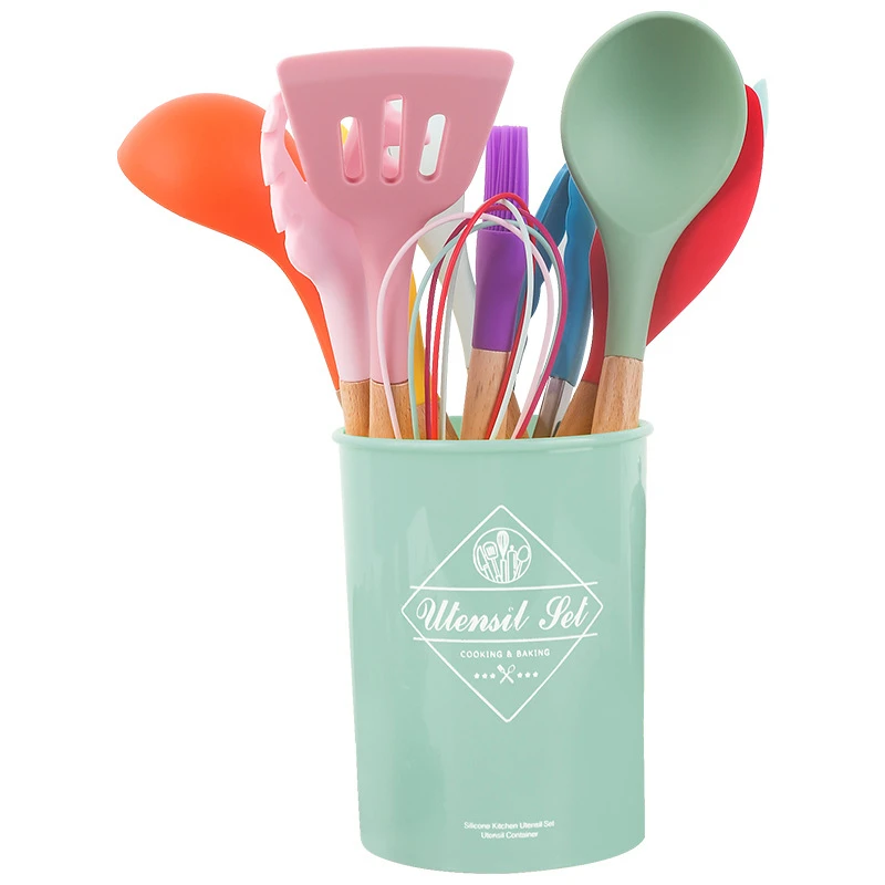 BPA Free 12pcs Colorful Silicone Kitchen Accessories Wooden Handle Utensils Set for Kitchen