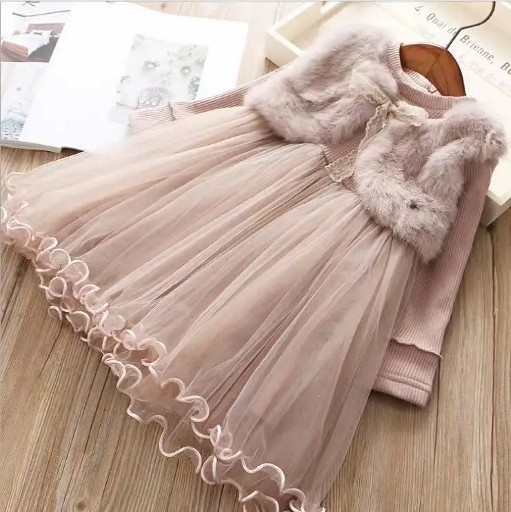 Girls Winter Clothing Princess Style Dress Pink Warm Fur One-piece Fleece-Lined Thickened Dress
