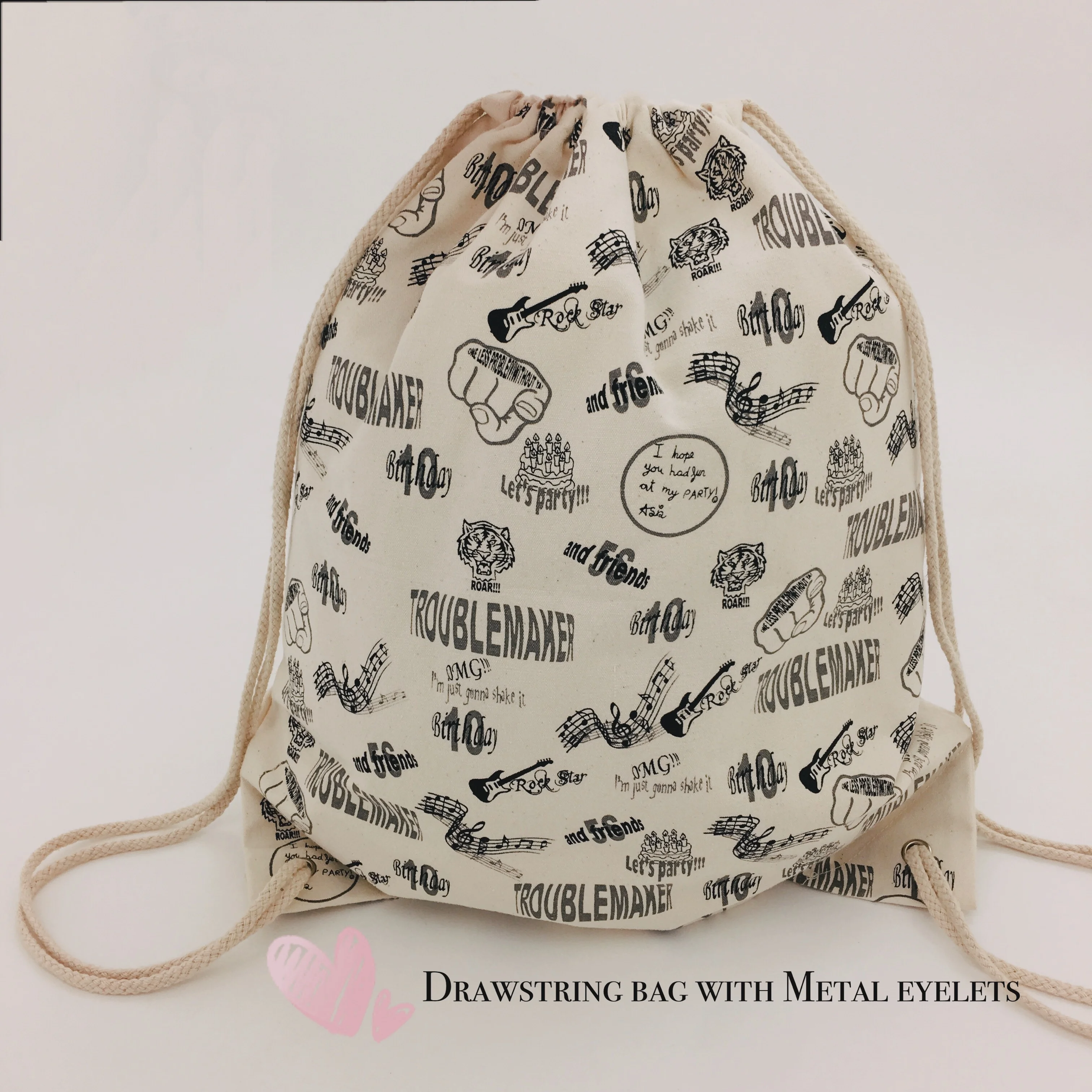 custom print organic cotton twill fabric cartoon custom silk drawstring bag gym/shoe bag