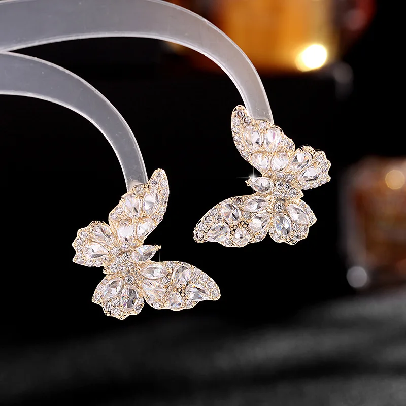 High Quality 14K Gold Plated Multi Color Cubic Zirconia Crystal Big Butterfly Stud Earrings for Girls