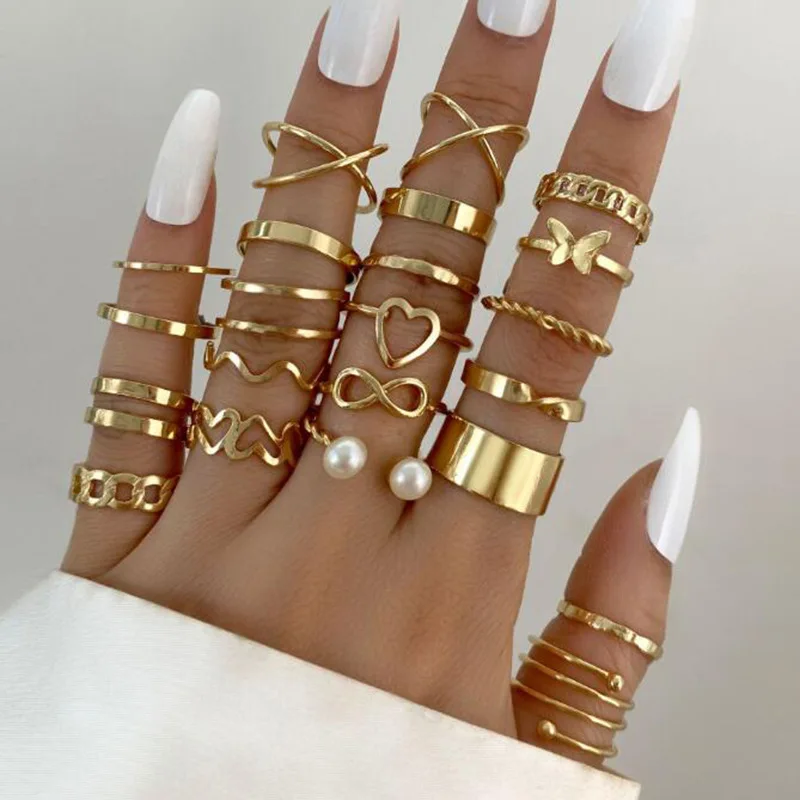 2023 wholesale hot New niche design 8-line open cross heart pearl 22 piece fashion jewelry rings set for womens girl gift