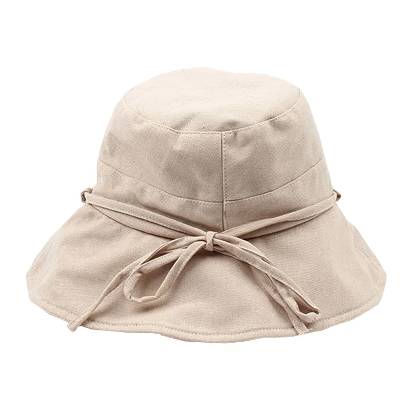 Linen Breathable Summer Sunshade Caps for Women Pure Color Simple BowknotFolding Bucket Hat with Wooden Ear Edge