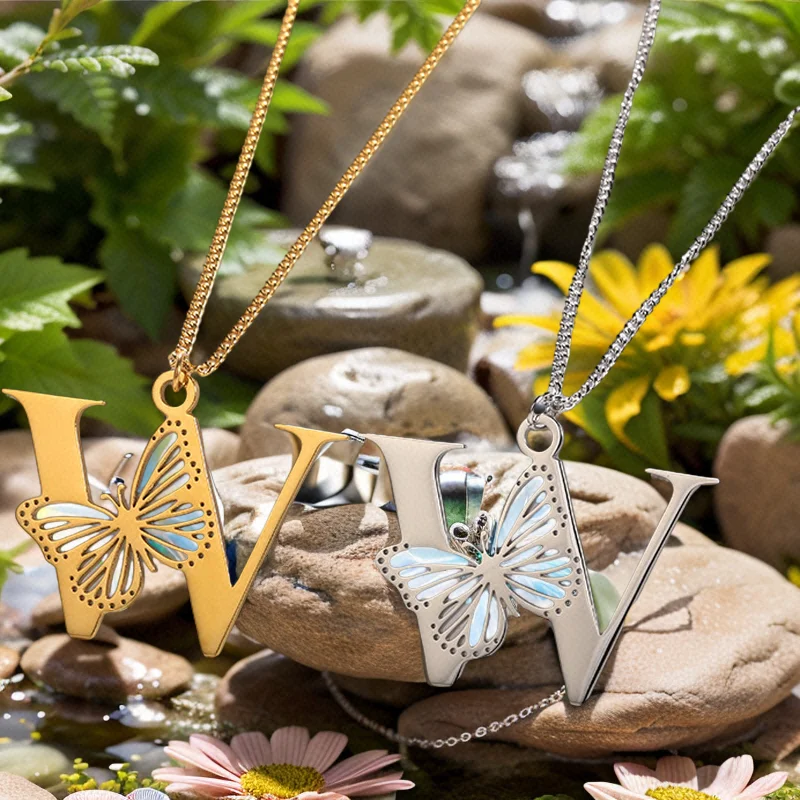 Custom Exquisite Stainless Steel Letter K and Hollow Out Butterfly Necklace Jewelry Lovely Birthday Gifts for Women Friends
