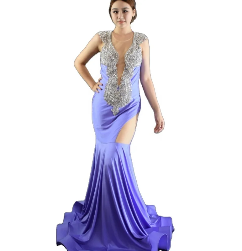 Hot Selling Elegant Satin Evening Ball Dress Handmade Beaded Ribbon Diamond Pleat Decoration Fish Tail Style Sweep Train