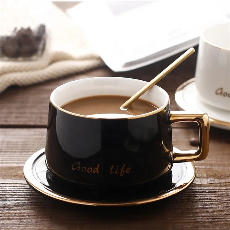Premium modern drinking cup gold plated gold rim ceramic porcelain black and gold cups for tea