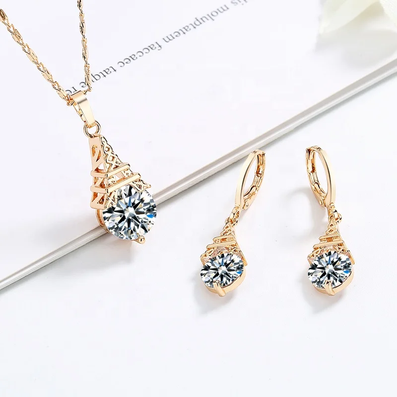 18K Gold Plated Pendant Zirconia Jewelry Set Italian Gold Plated Jewelry Sets Necklace Set For Women