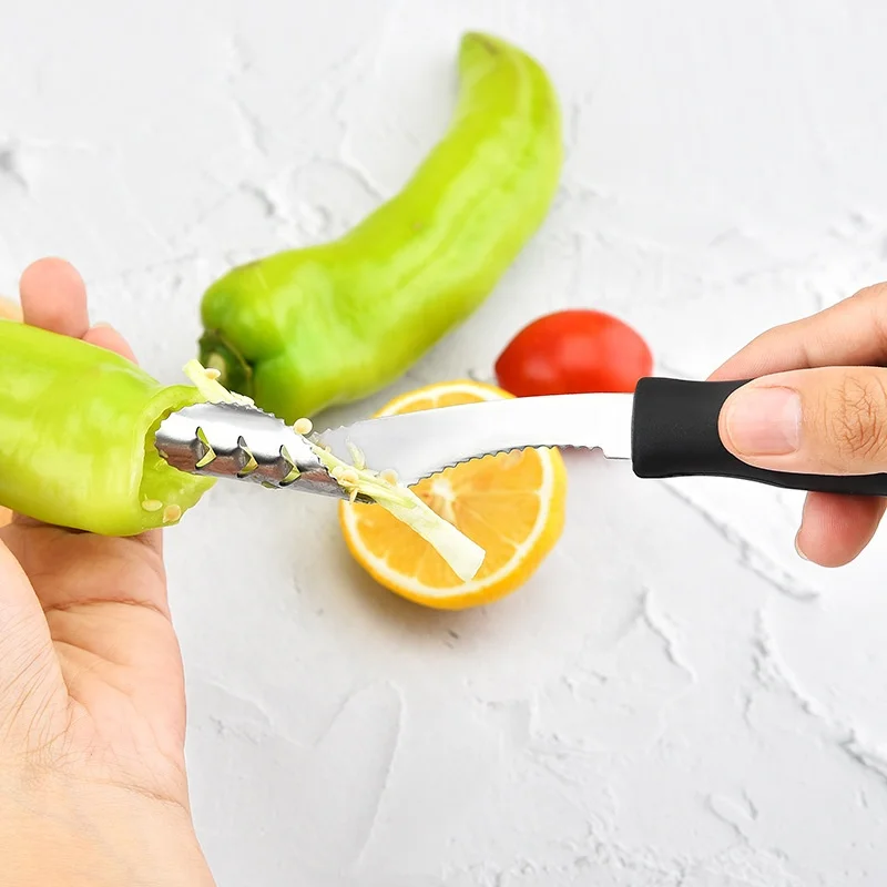 Stainless Steel Kitchen Gadgets Pepper Corer Tool Remover with Serrated Slice Tool