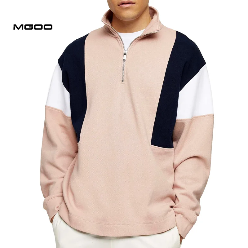 MGOO Heavyweight French Terry Pink Color Men Oversized Pullover Custom Colorblock Quarter Zip Sweatshirt
