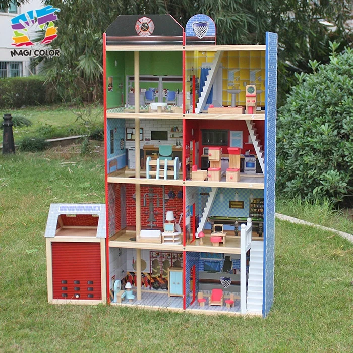 OEM / ODM 4 layers doll house wooden fire station toy for boys W06A138