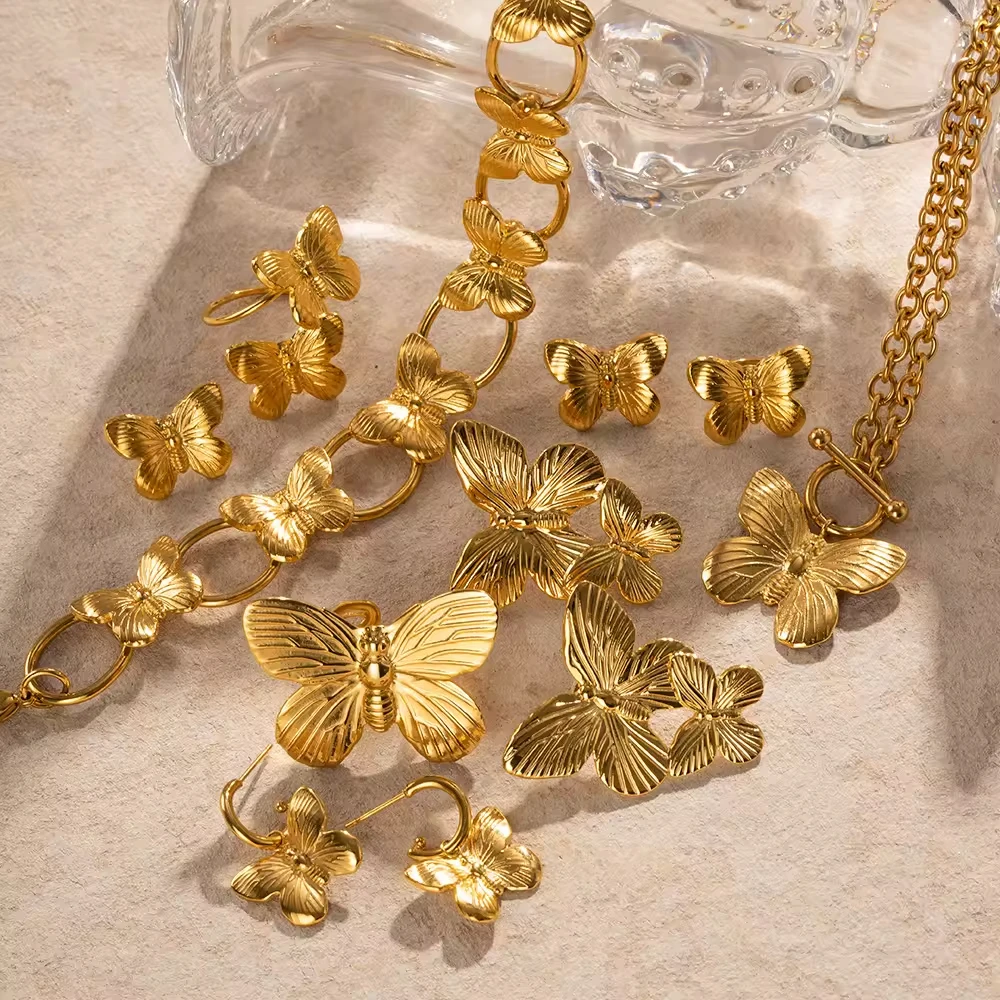 Fashion Jewelry Jewelry Sets Gold Plated Butterfly Drop Series Chunky Stainless Steel  Necklace Earrings Gold Rings For Women