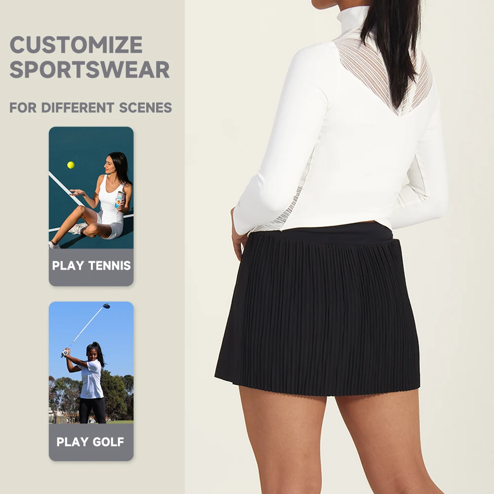 Luckpanther Running Sports Golf Skirt Black Pleated Skirt Short Long Sleeve Slim Golf Shirt Two Piece Gym Wear Tennis Set