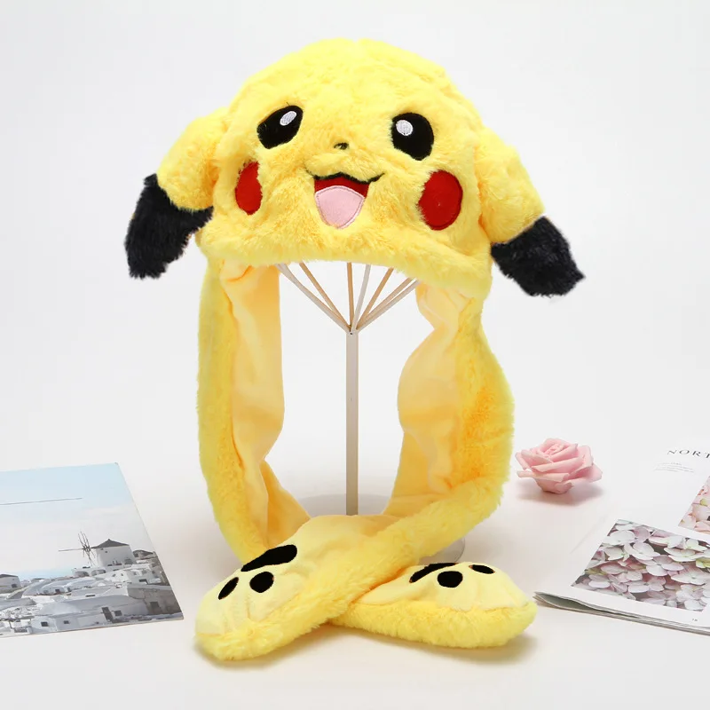 Pikachu Bunny hat cartoon stuffed animal toy Ear Move Glowing rabbit cap Led Light Jumping Funny Cosplay Party Holiday