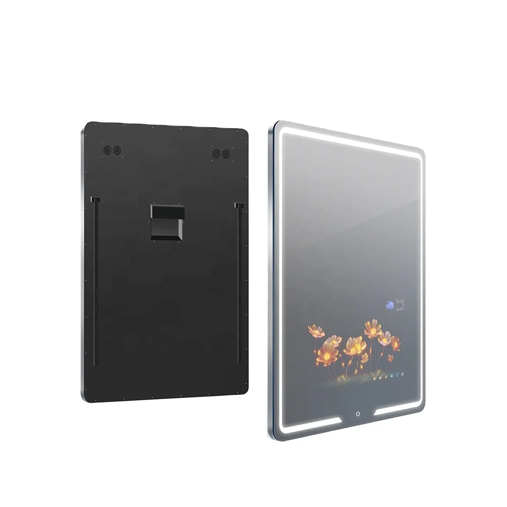 Interactive smart bathroom mirror with Android OS TV Music display Countdown timers WiFI Bluetooth connection