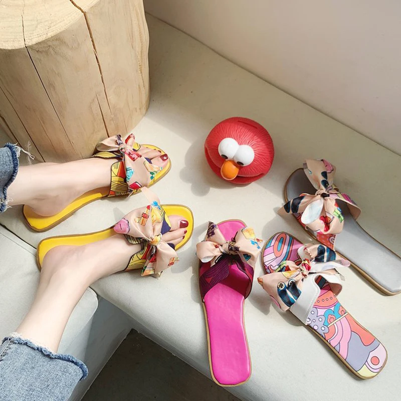 Designer Trendy Bowknot print upper Sandals rubber sole Southeast Asian style outdoor Women Slippers ladies flats shoes