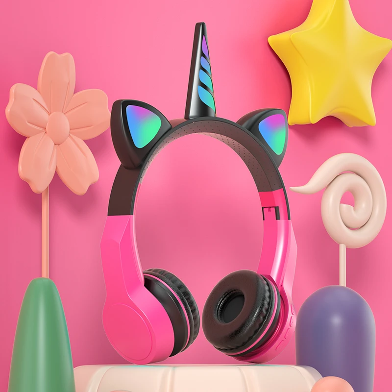 New Unicorn Wireless Kids Headset Cat Ears Cute Colorful Music Stereo Earphone Girl LED Light Headphones