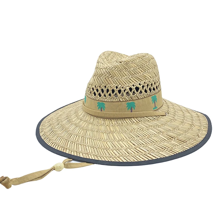 Custom beige color wide brim beach sun protection palm trees printing safari straw summer hat