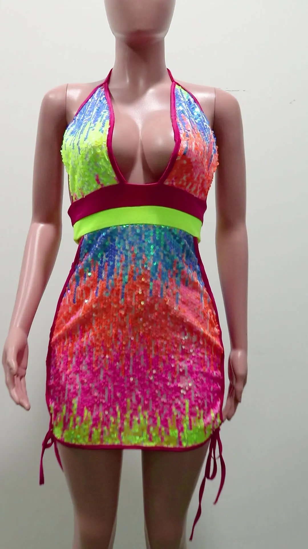 JY032 Hot selling green sequin dress sexy deep v neck women sleeveless mini lace up club dress