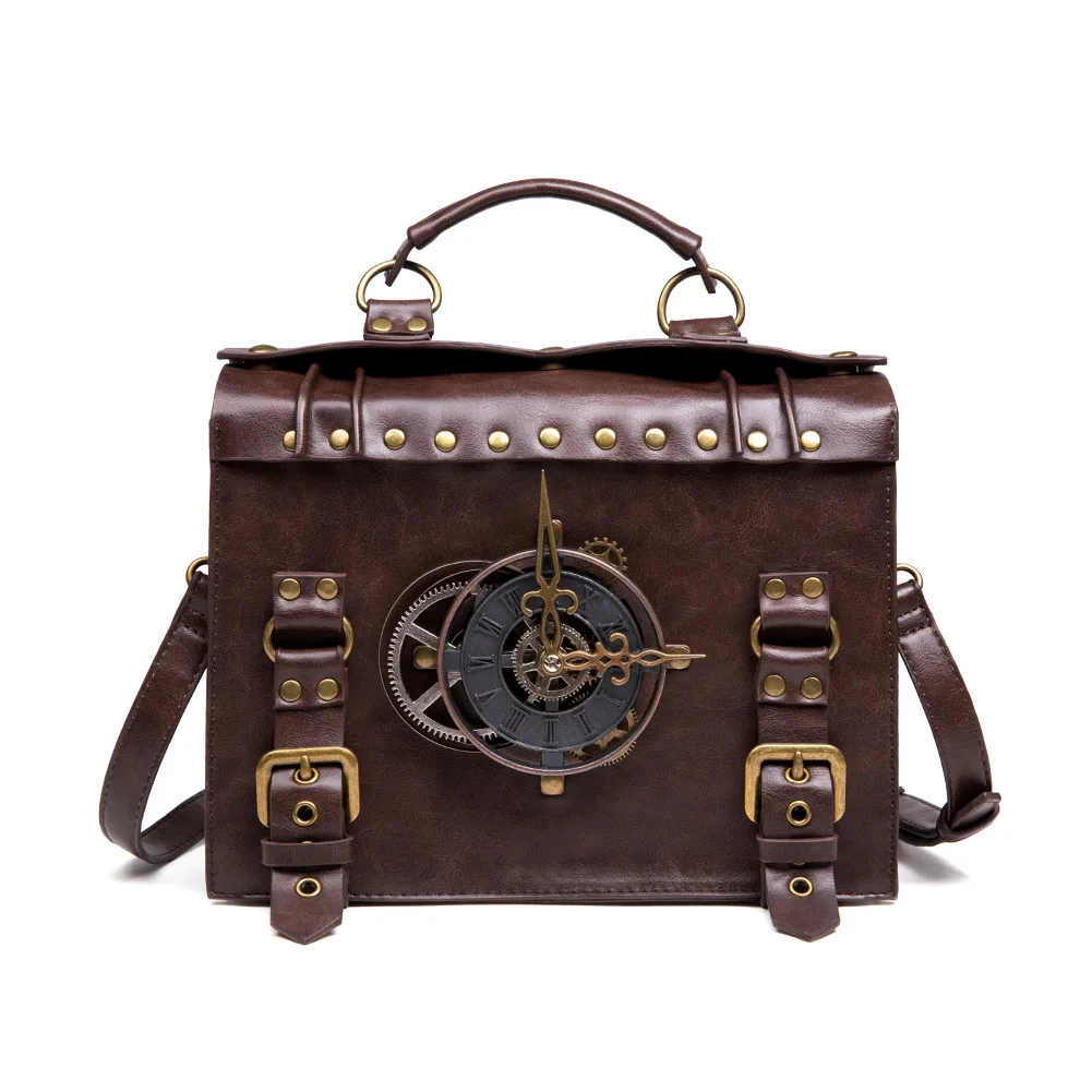 Vintage Single Shoulder Bag Rivets Bag PU Leather Men Women Steam Punk Gothic Square Handbag Polyester Vintage Chic Lucite Bags