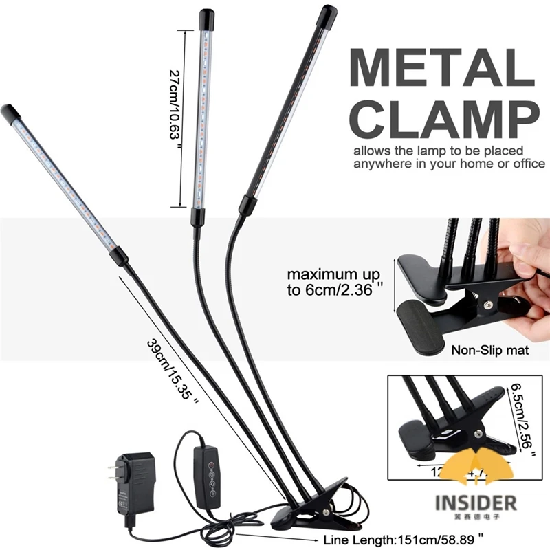 Plant Grow Light 30W Three Head Grow Lamp For Indoor Plants 60 Leds Clip On Full Spectrum Spotlight With 360 Degree Gooseneck