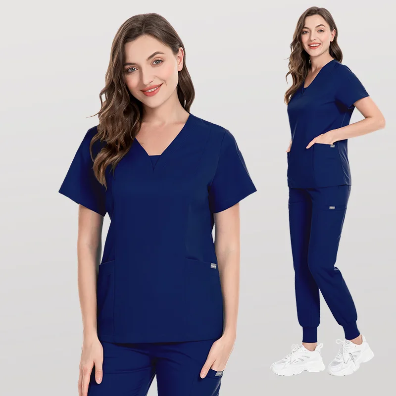 New Wholesale OEM V-neck Two-piece Surgical Suit Scrubs Uniforms Sets Elastic Short Sleeve Nurse Suit Nursing Scrub Jogger Pant