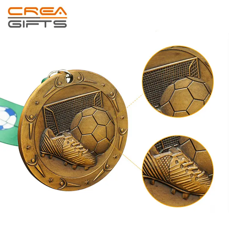 Factory Copper Plated Gold Custom 3D Double Logo Football Sports Award Medal with Sublimation Ribbon Lanyard