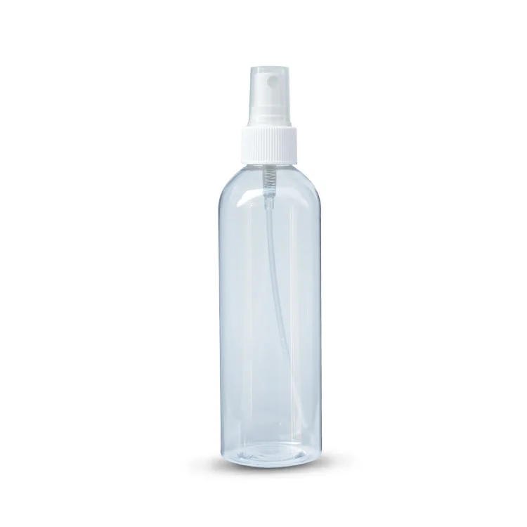 Boston round 250ml clear pet plastic bullet bottle for cosmetic spray