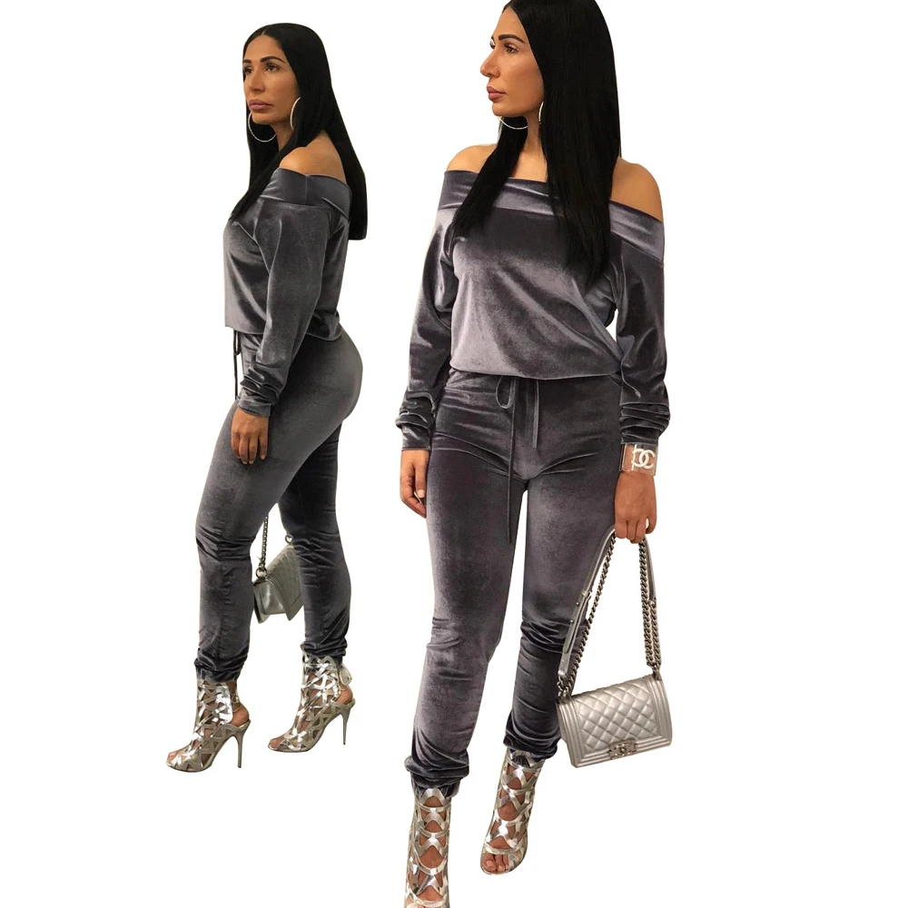 
YHH5055 off the shoulder hoodies and long trousers ladies two piece set women western velvet pant suit 